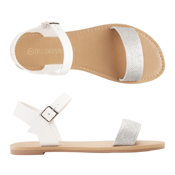 Ankle Strap Open Toe Flat Sandals - SILVER WHITE GLITTER - 2